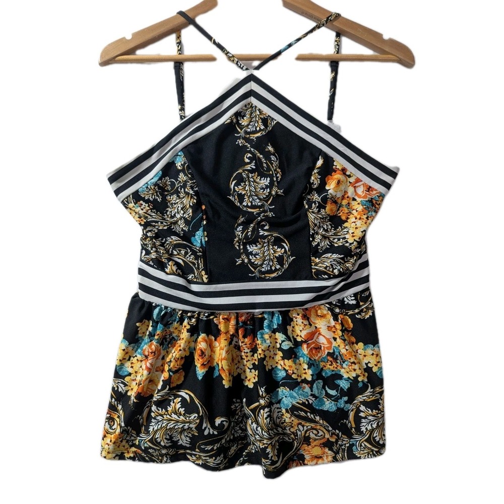 VENUS Floral Barocco Ruffle Peplum Top Blouse Size 4 Black Gold Y2K Style